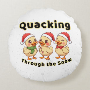Quacking Through the Snow Funny Kawaii Duck Round Cushion