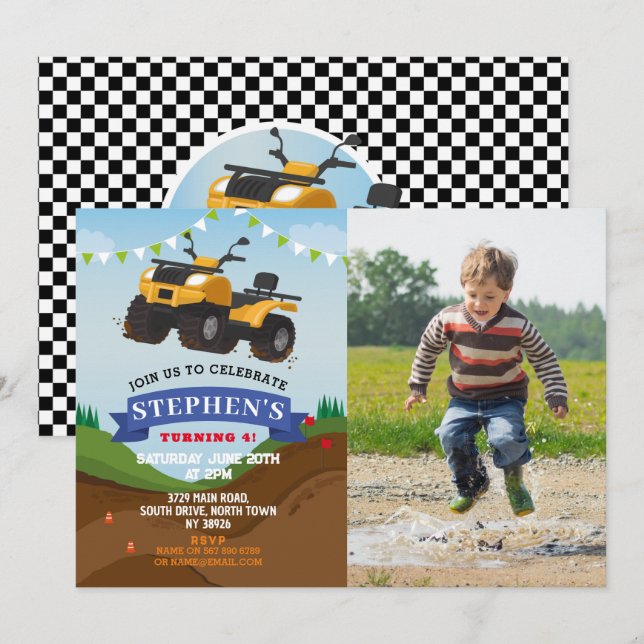 Quad Bike Birthday Party Truck Car Big Invite (Front/Back)