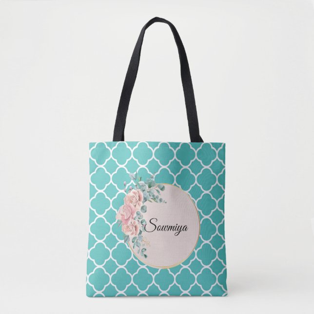 Quadrefoil teal green zigzag pattern  tote bag (Front)