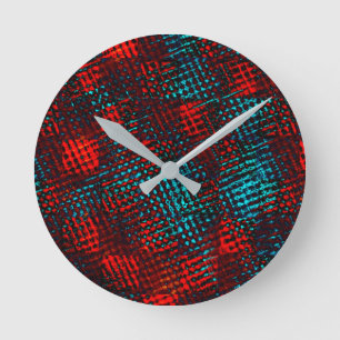 Quadriculados riscados em vermelho e azul claro. round clock
