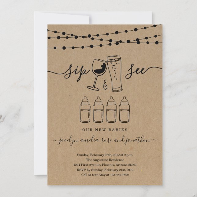 Quadruplets Sip & See Wine & Beer Toast Invitation (Front)