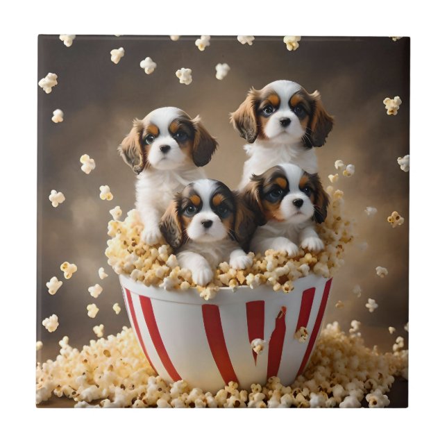 Quads Cavalier Spaniel Puppies In The Popcorn, Tile (Front)