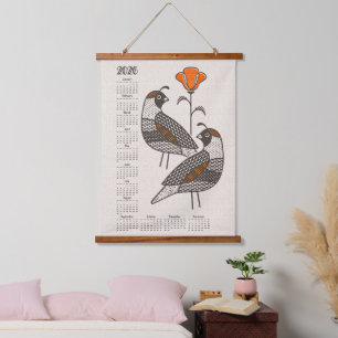 Quail and Poppy 2026 Calendar V2 ©studioxtine Hanging Tapestry