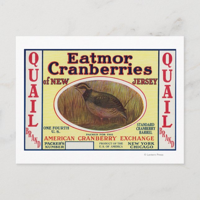 Quail Eatmor Cranberries Brand Label Postcard (Front)