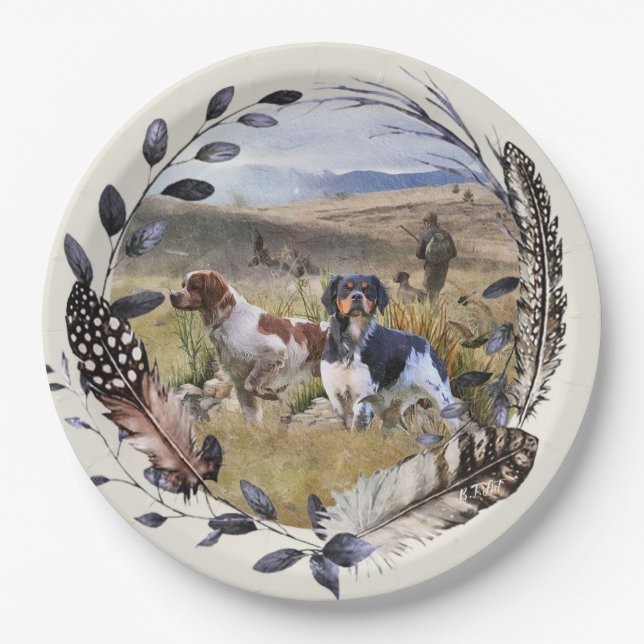 Quail Hunting with a Brittany Spaniels, Art  Paper Plate (Front)