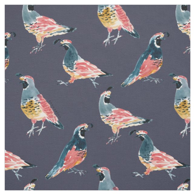 QUAIL O'CLOCK California Quails Midnight Blue Fabric (Swatch)