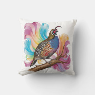 Quail on branch colourful background cushion