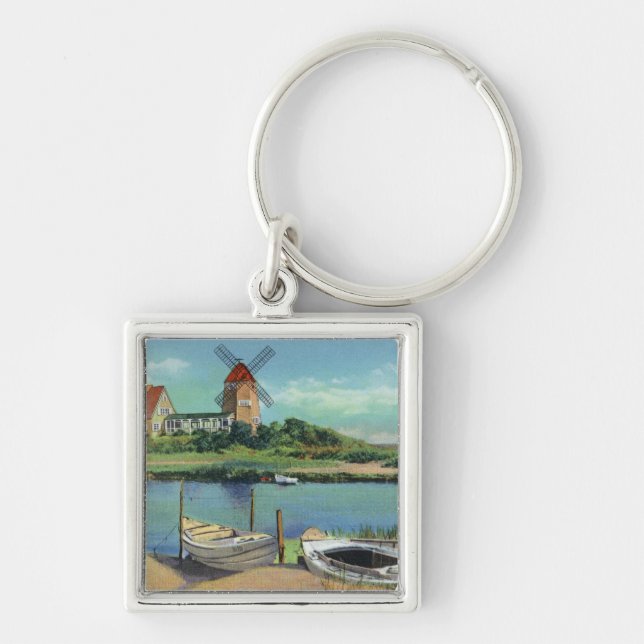 Quaint Cape Cod, View of Windmill and Boats Key Ring (Front)