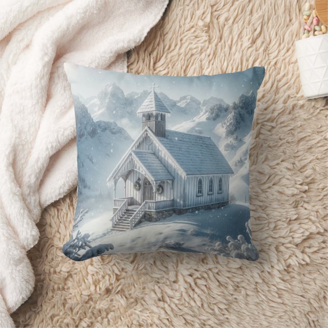 Quaint Christmas Church In The Mountains Cushion (Blanket)