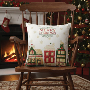 Quaint Christmas Village Snowflakes Cushion
