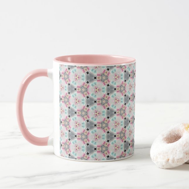 Quaint, Quiet, Retro Pink Pattern Coffee Mug (With Donut)