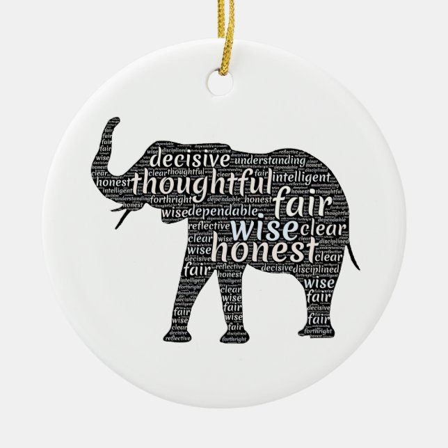 Qualities of an Elephant Word Cloud Ceramic Tree Decoration (Front)