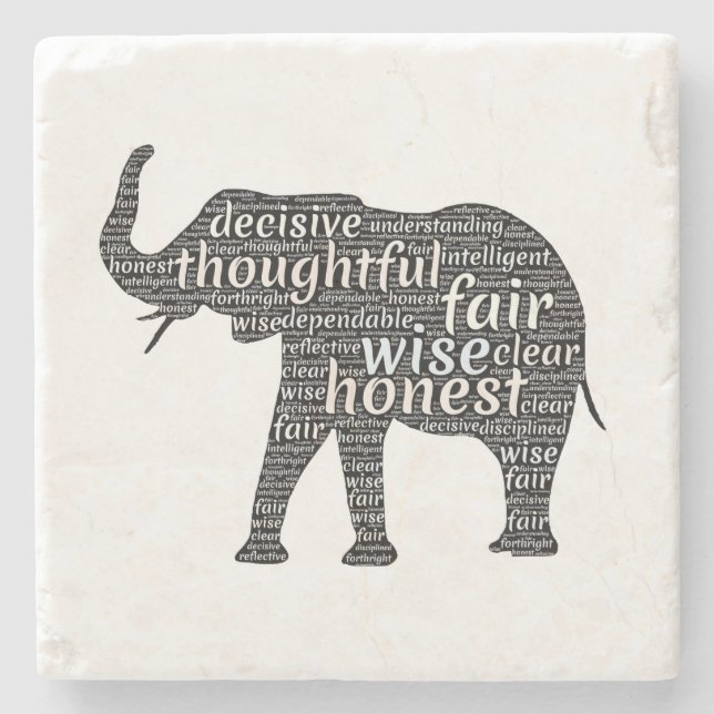 Qualities of an Elephant Word Cloud Stone Coaster (Front)