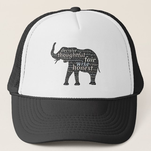 Qualities of an Elephant Word Cloud Trucker Hat (Front)