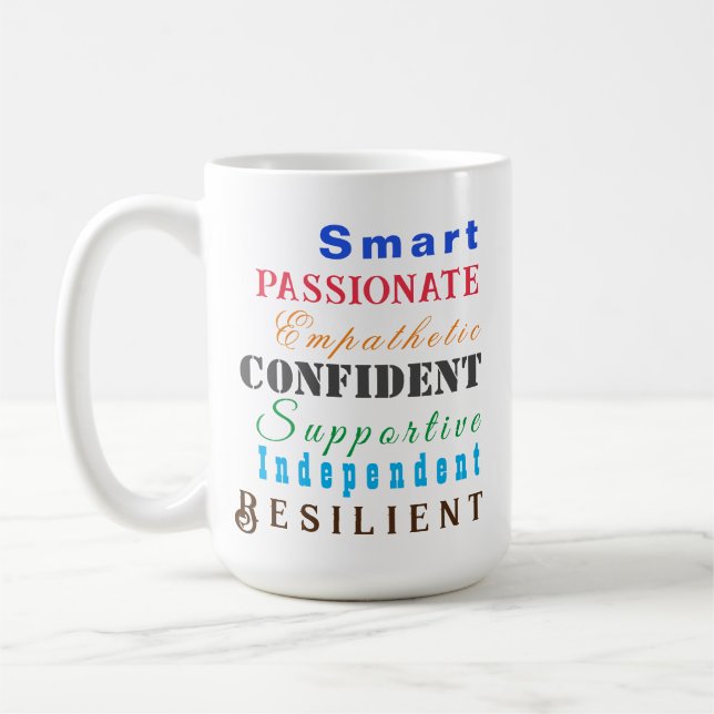 Qualities of Great Women Fun Motivational Colourfu Coffee Mug (Left)