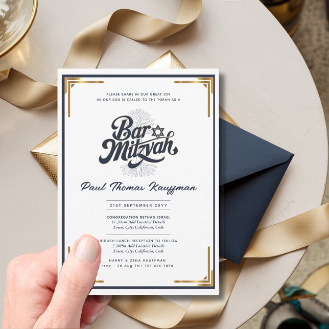 Quality BAR MITZVAH Elegant Navy Gold Modern Invitation (Creator Uploaded)