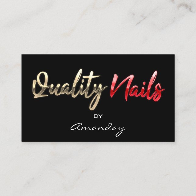 Quality Nails QR Code Logo Black Gold Red Script  Business Card (Front)