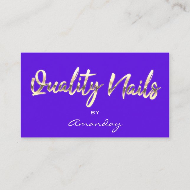 Quality Nails Script QR Code Logo Blue  Business Card (Front)