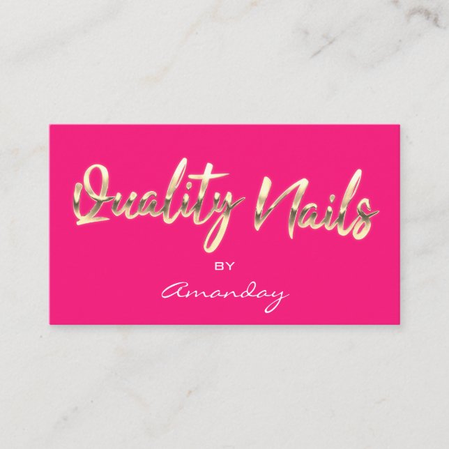 Quality Nails Script QR Code Logo Candy Pink  Business Card (Front)