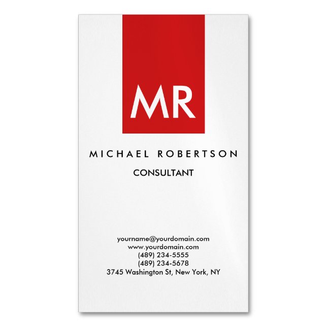 Quality Red White Monogram Elegant Unique Magnetic Business Card (Front Vertical)
