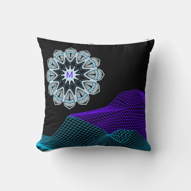 Quantum Abstract Mandala  Purple Blue Black Mngrm Cushion (Front)