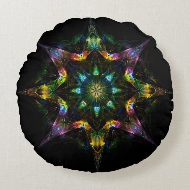 Quantum Starfire - Sacred Geometry Cosmic Mandala Round Cushion (Front)