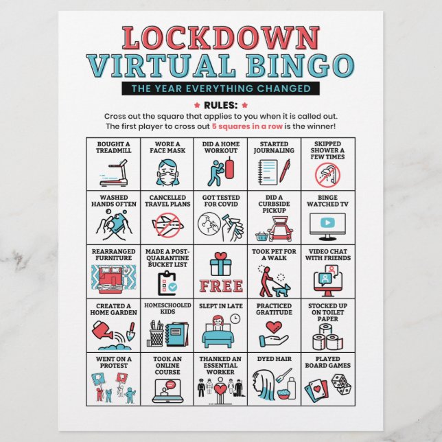 Quarantine Bingo Pandemic Lockdown Activities (Front)