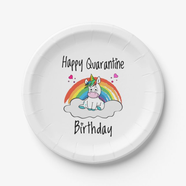 Quarantine Birthday Unicorn rainbow Paper Plate (Front)