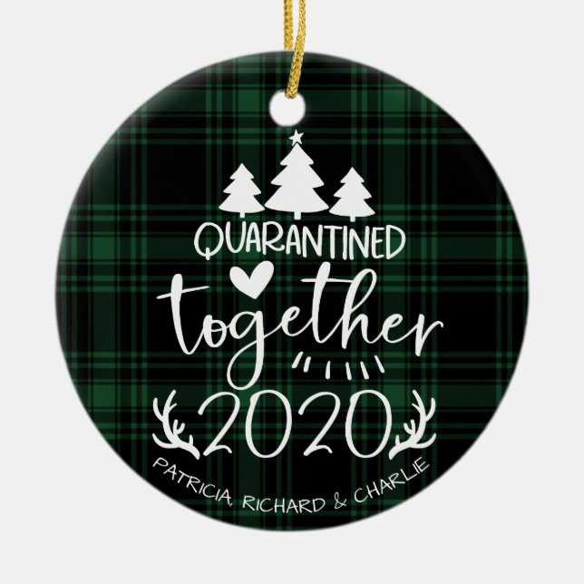Quarantined Together Cute Covid Christmas Green Ceramic Tree Decoration (Front)