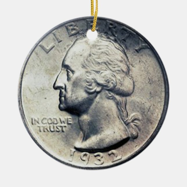 Quarter Dollar Money Ornament. Ceramic Tree Decoration (Front)