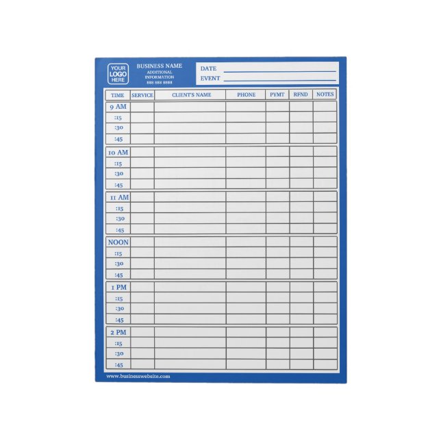 Quarter Hourly Trade Show Service Sign-up Sheet Notepad (Rotated)
