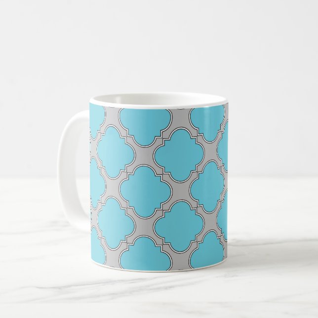Quatrefoil blue and grey coffee mug (Front Left)