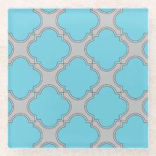 Quatrefoil blue and grey glass coaster