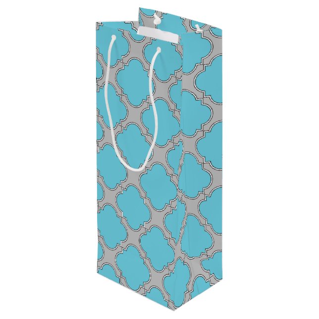 Quatrefoil blue and grey wine gift bag (Back Angled)