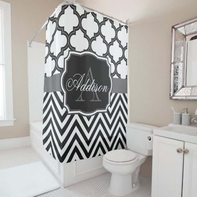 Quatrefoil Chevron Monogram Shower Curtain (In Situ)