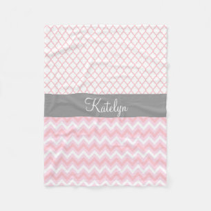 Quatrefoil Chevron Pattern Pink Grey Monogram Fleece Blanket