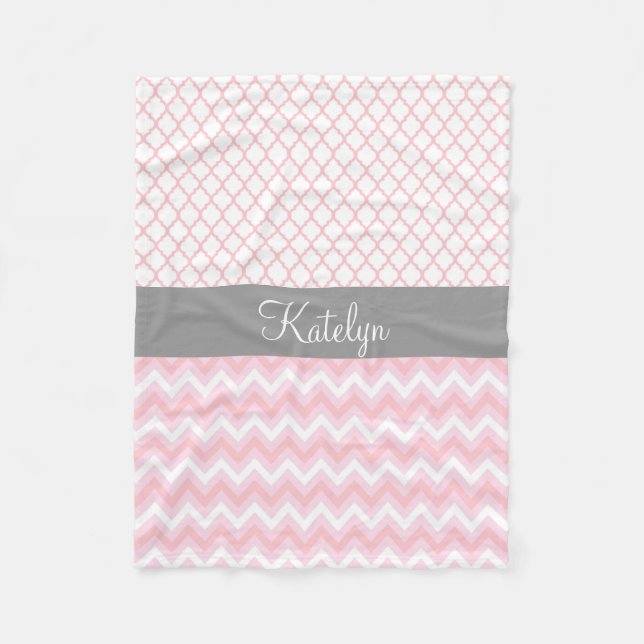 Quatrefoil Chevron Pattern Pink Grey | Monogram Fleece Blanket (Front)