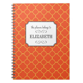 Quatrefoil clover pattern orange wedding planner spiral notebook