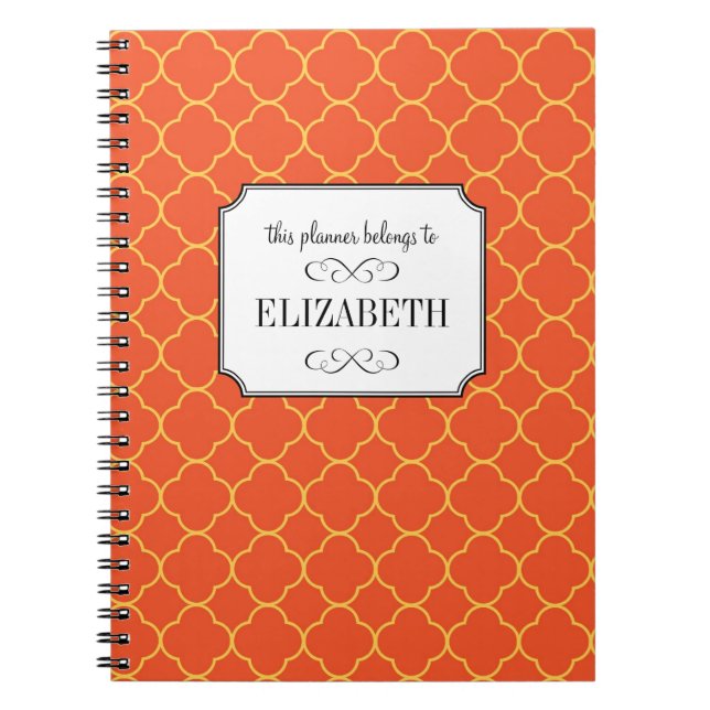Quatrefoil clover pattern orange wedding planner spiral notebook (Front)