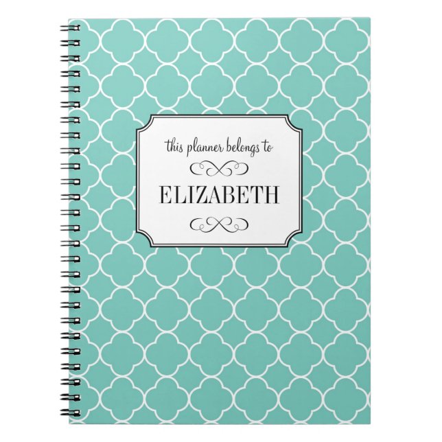 Quatrefoil clover pattern teal wedding planner spiral notebook (Front)
