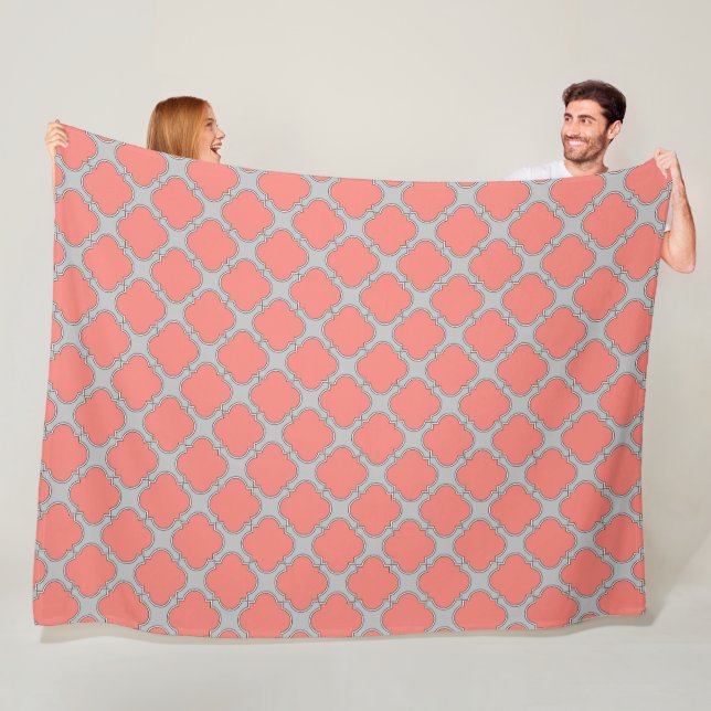 Quatrefoil coral and grey fleece blanket (In Situ)