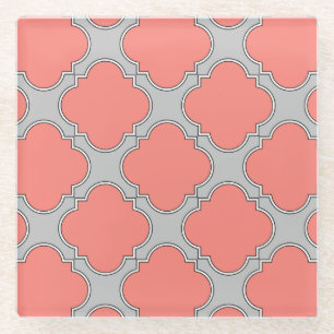 Quatrefoil coral and grey glass coaster