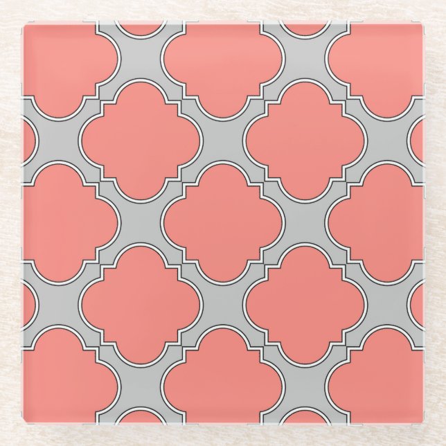 Quatrefoil coral and grey glass coaster (Front)