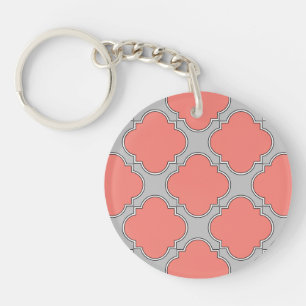 Quatrefoil coral and grey key ring