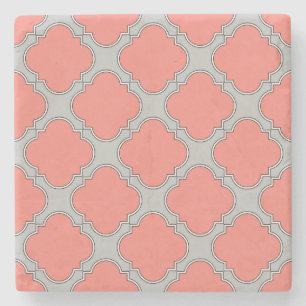Quatrefoil coral and grey stone coaster