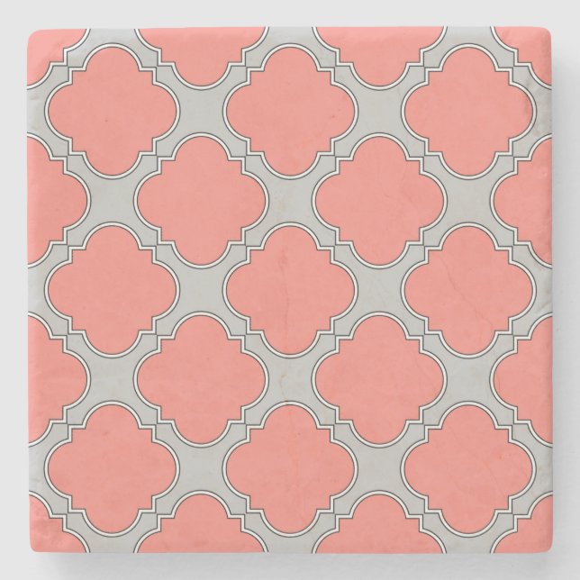 Quatrefoil coral and grey stone coaster (Front)