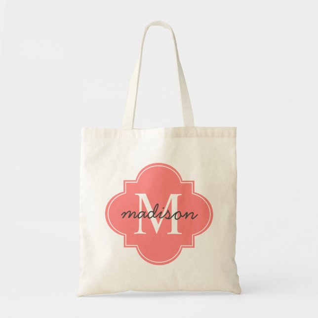Quatrefoil Coral Custom Personalised Monogram Tote Bag (Front)