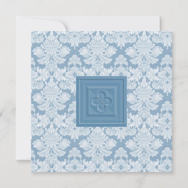 Quatrefoil Cross & Blue Damask Wedding Invitation (Front)