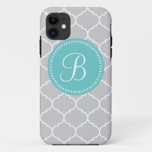 Quatrefoil Custom Monogram in Grey and Turquoise Case-Mate iPhone Case