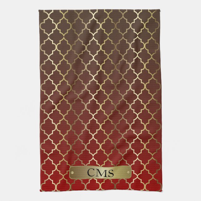Quatrefoil Dark Red & Brown Colour Blends Tea Towel (Vertical)